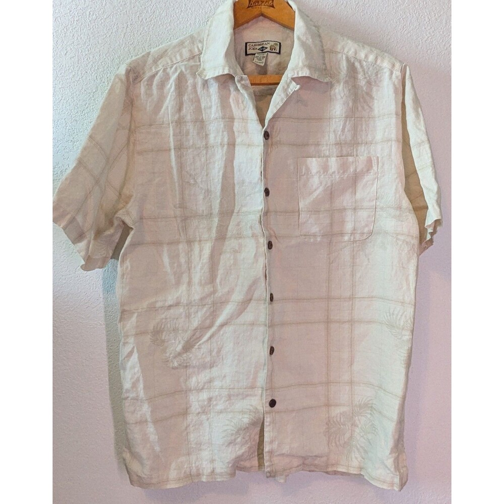Caribbean Joe Short Sleeve Linen Shirt Men Medium Beige Hawaiian PalmTrees (798m